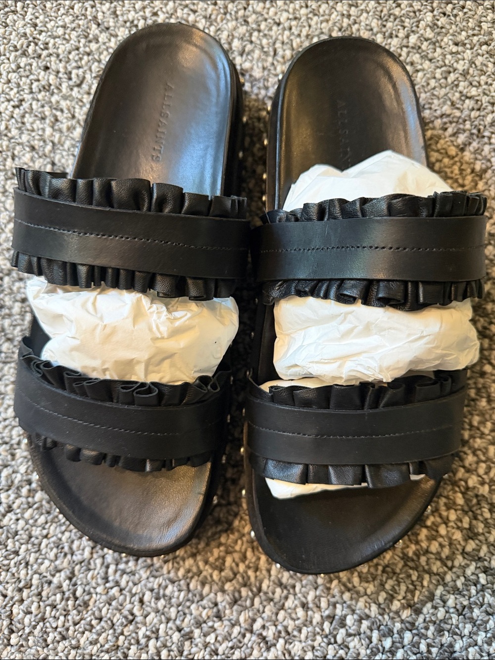 All Saints Black Leather Ruffle Slide Sandals - Women